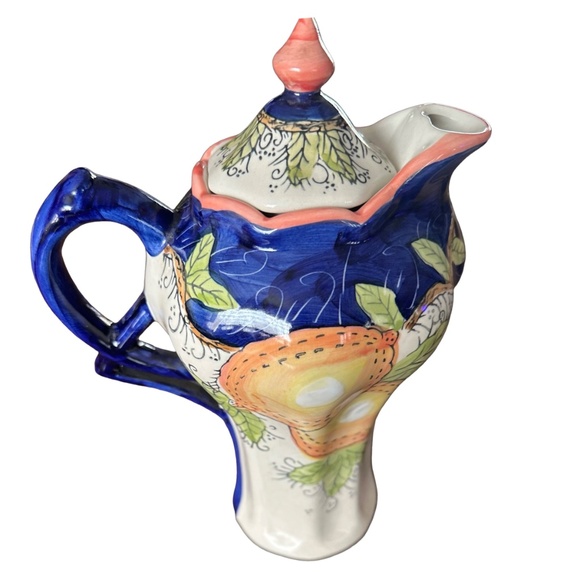 Vintage Hand-Painted Ceramic Pitcher Jug 9.75” Lidded Fruit Design - Picture 6 of 12
